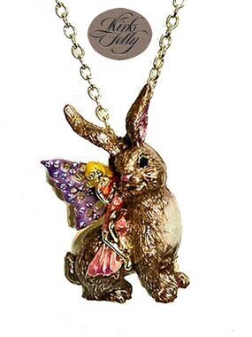 𝑲𝒊𝒓𝒌𝒔 𝑭𝒐𝒍𝒍𝒚 Fairyland Bunny Pin Pendant with Goldtone Necklace NEW